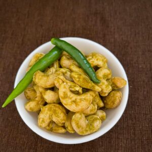 Oil-free green chilli cashews seasoned with Gokarna chillies and Sanikatta sea salt by Sahyadri Nuts